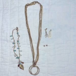 Gold necklaces w/hoops, Gold Bracelet w/white & blue stones & 2 sets of earrings